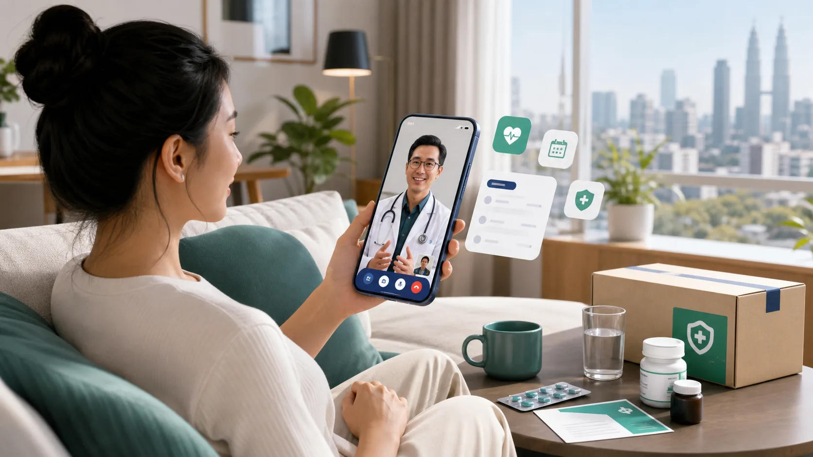 Patient using Doc2Us for a doctor video consultation from home with medication delivery nearby